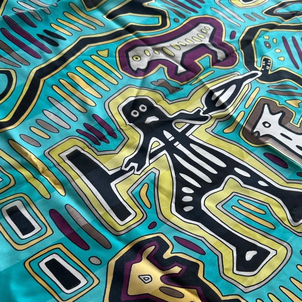 L’Atelier de Soierie Lyon Silk Scarf Teal Abstract Tribal Animal Print France